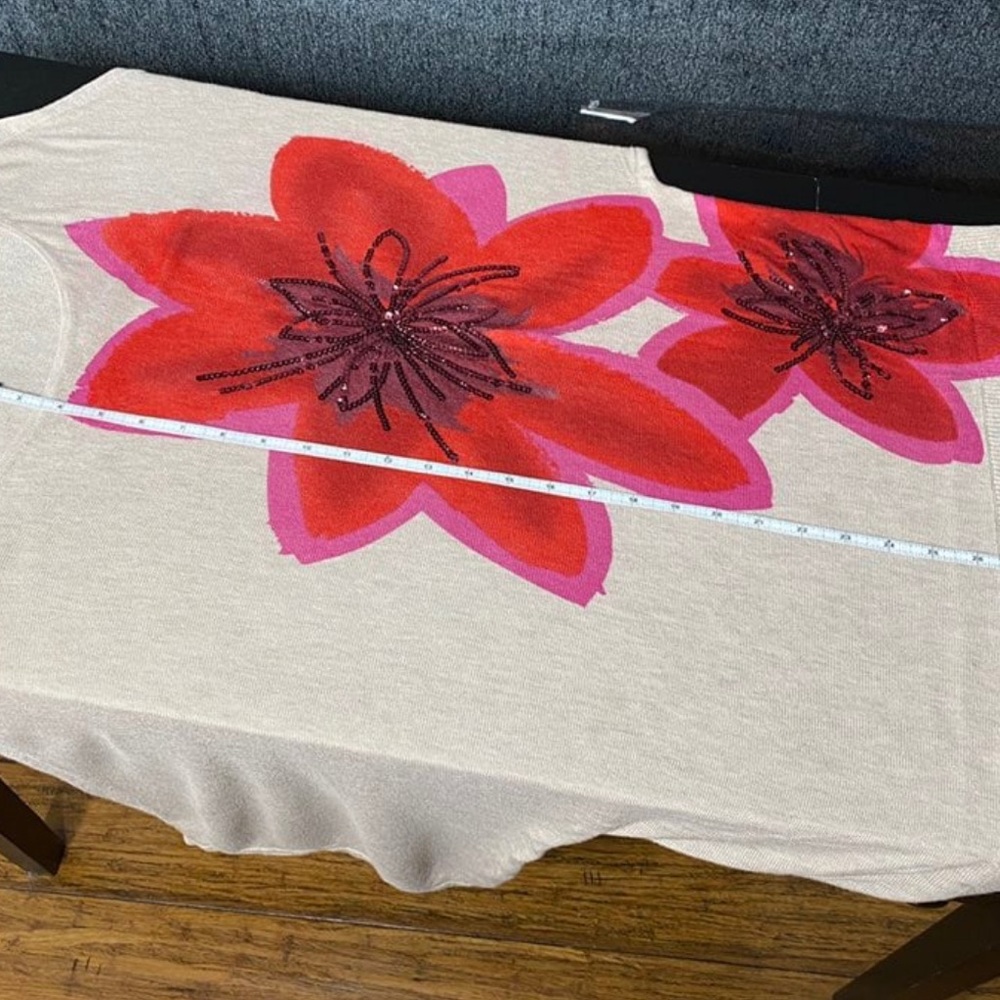 INC International Concepts Beige Top with Red Floral Design - Picture 7 of 8